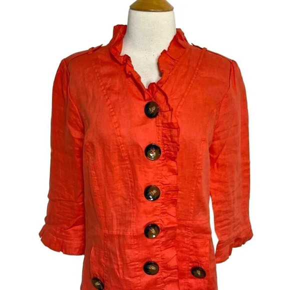 LUII M orange red linen button down light weight jacket or dress ruffles - Picture 2 of 6
